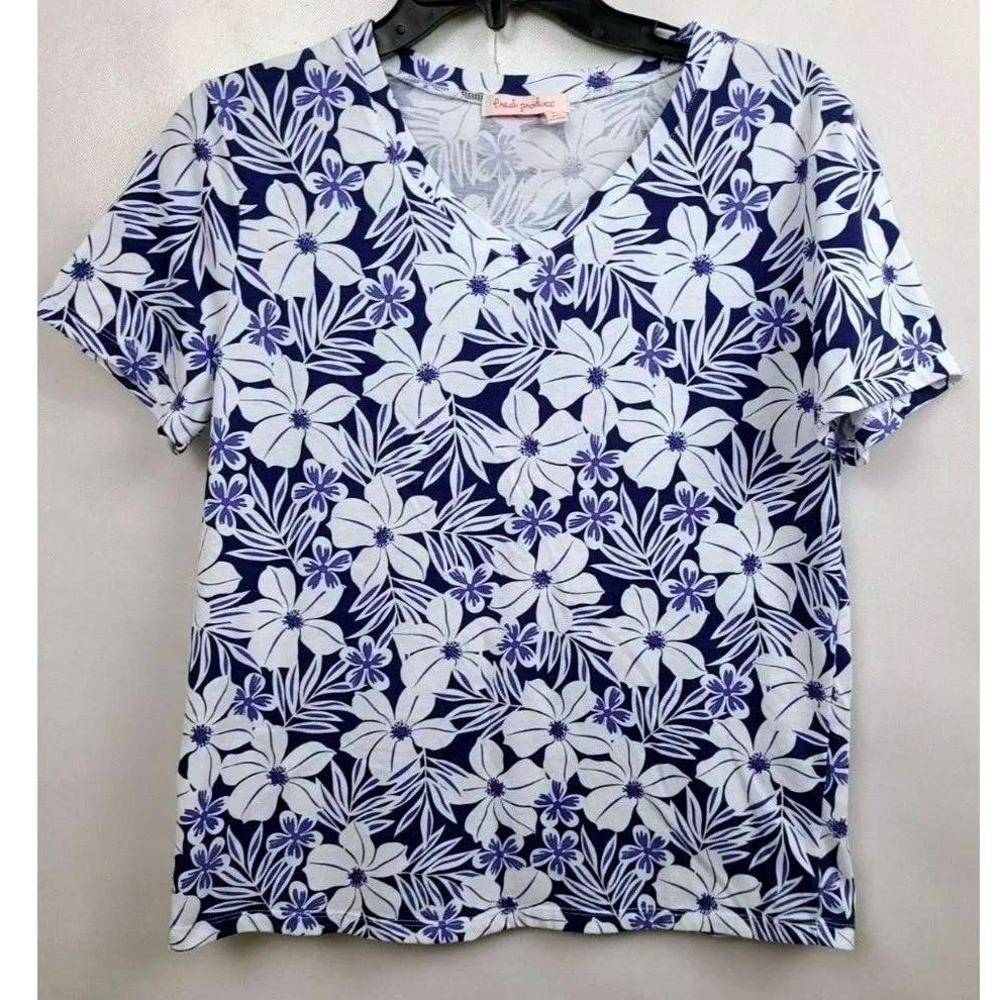 Fresh Produce Floral V-Neck Top Womens M Blue White Tropical Short Sleeve Cotton